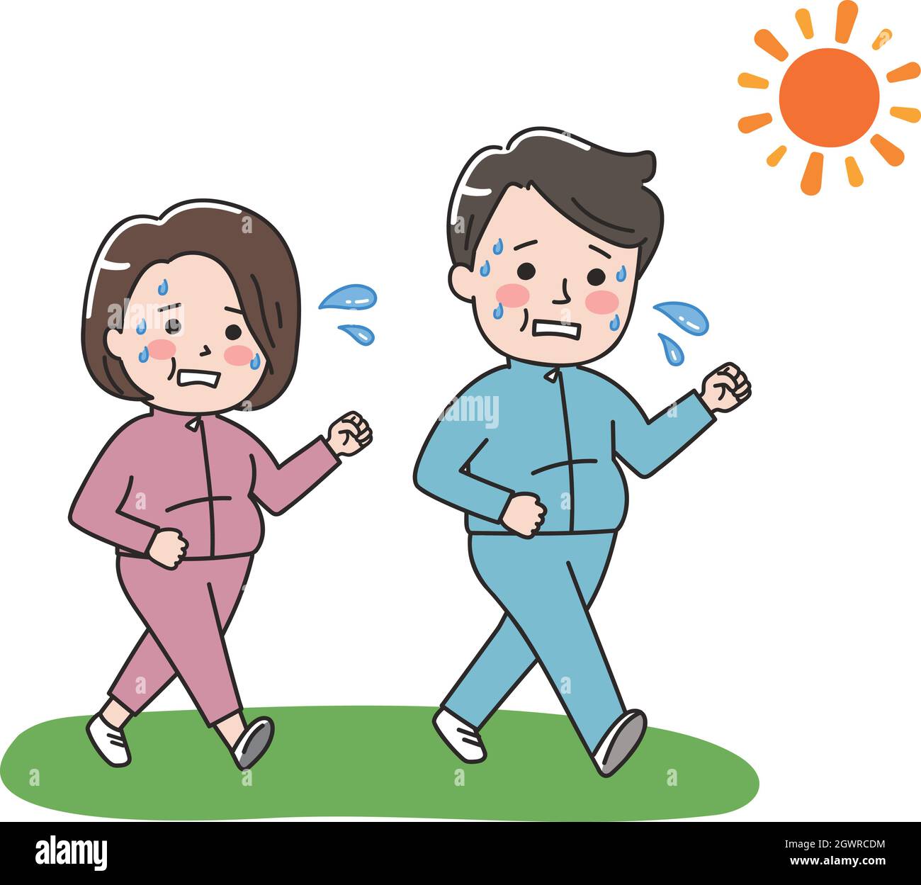 Mollige paar Diät, Gewicht zu verlieren, indem Sie mit viel Schweiß zu Fuß. Vektorgrafik auf weißem Hintergrund. Stock Vektor