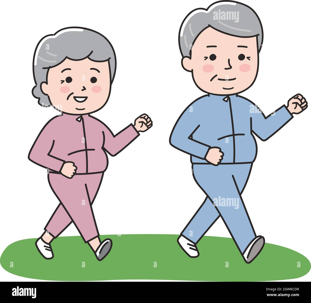 Ältere mollige Paar Ernährung, Gewicht zu verlieren durch Gehen. Vektorgrafik auf weißem Hintergrund. Stock Vektor