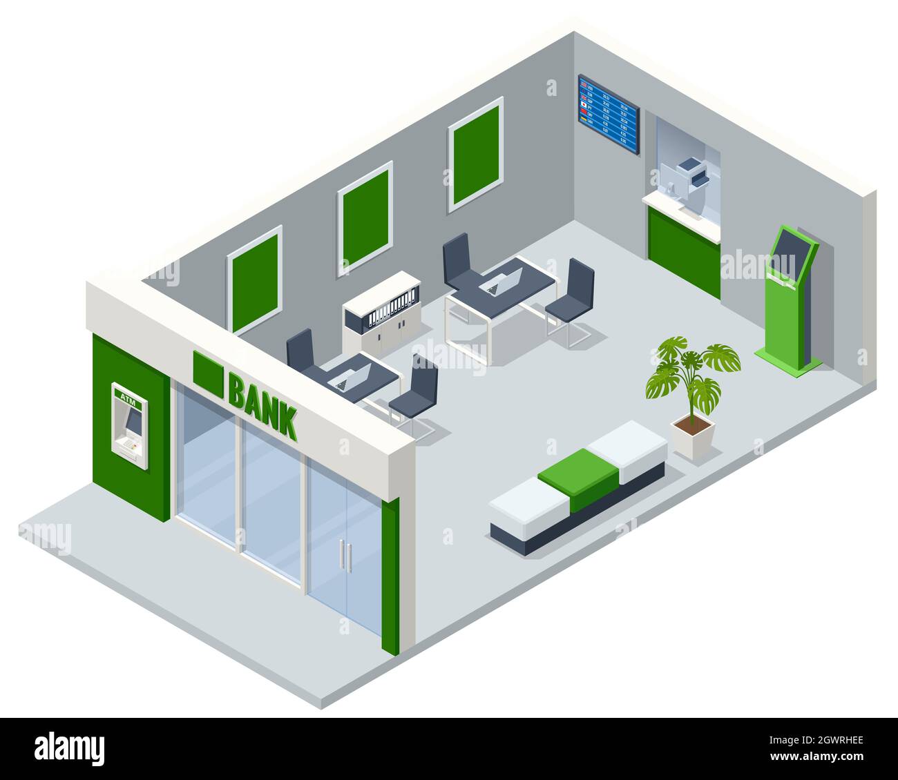 Isometrische Bankfiliale, Bankfiliale. Finanzzentrum modernes Corporate Interior Stock Vektor