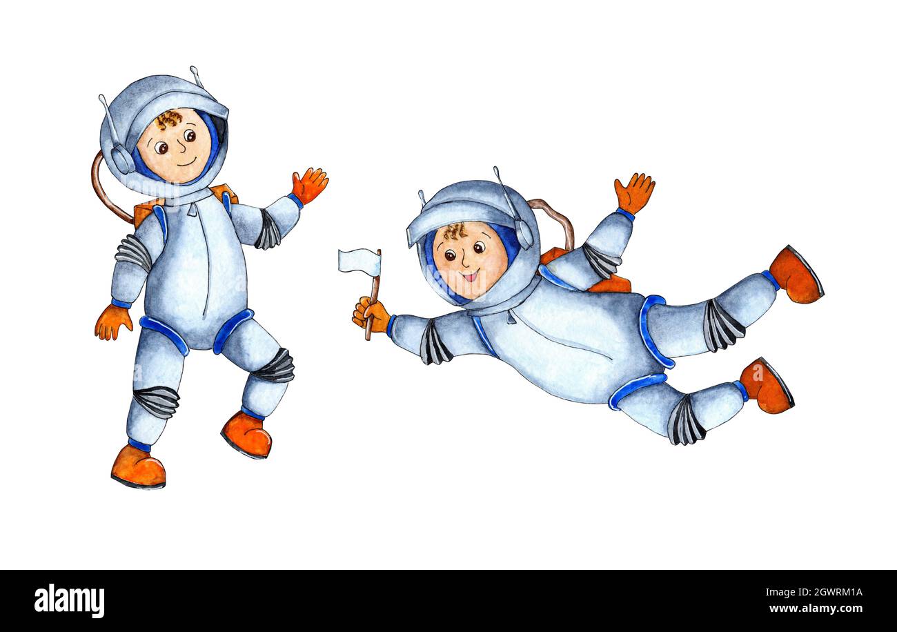 Aquarell-Illustration von Astronauten in Raumanzügen. Niedliche glückliche Cartoon-Kinder-Charaktere tragen weiße Astronauten Kostüme. Ein Astronaut fliegt einen anderen Stockfoto