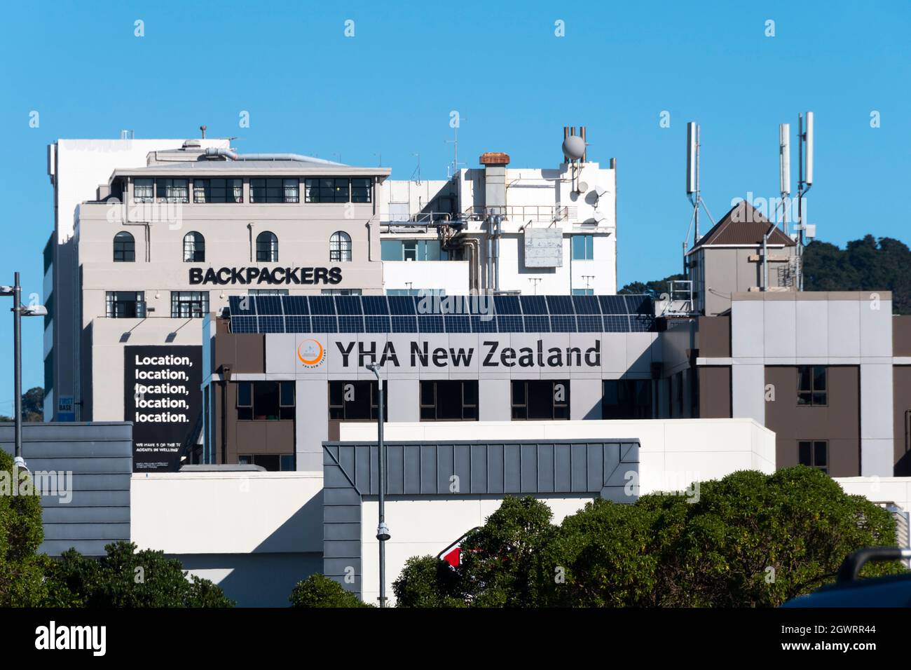 Jugendherberge und Rucksacktouristen, Wellington, Nordinsel, Neuseeland Stockfoto