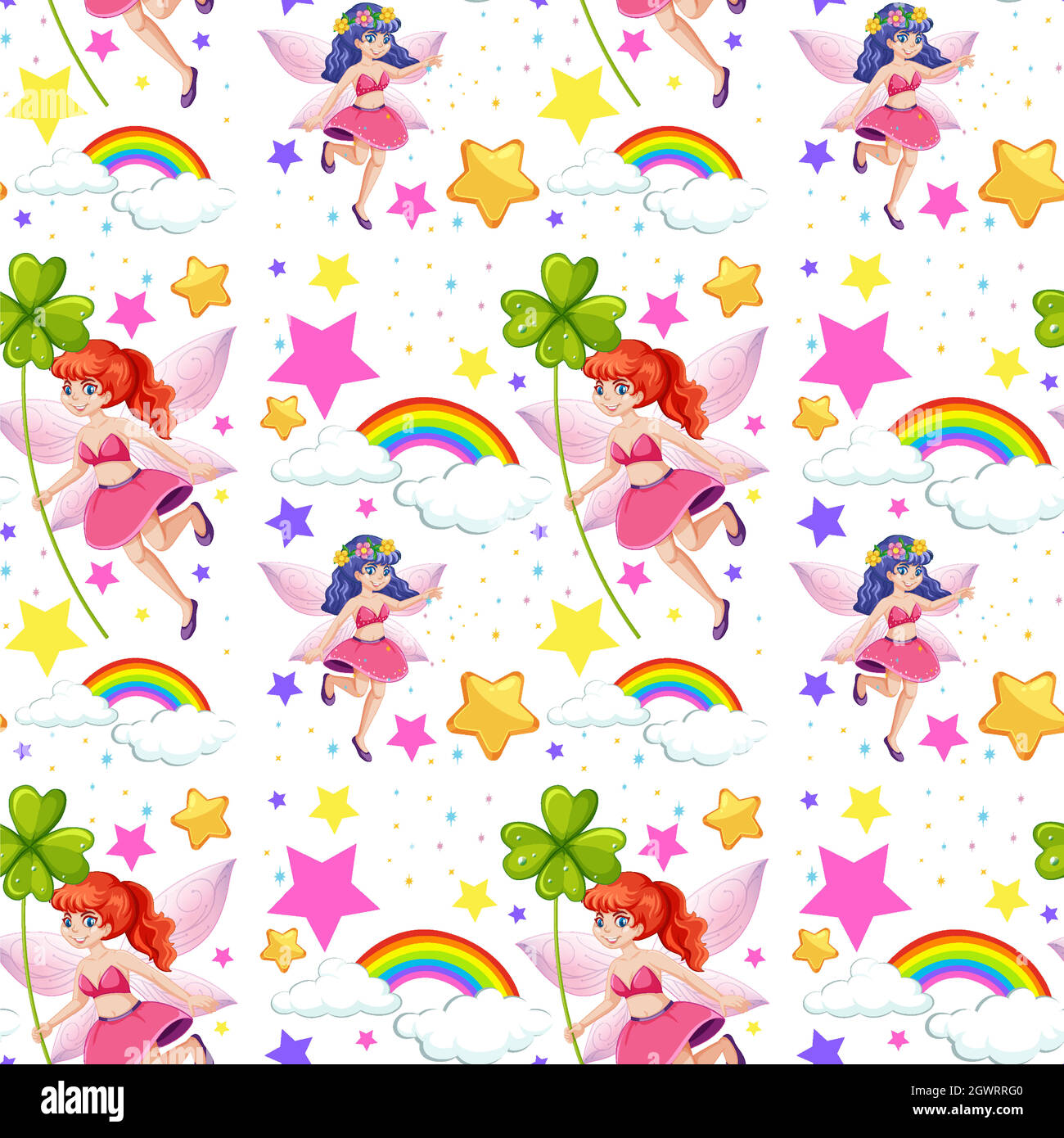 Nahtlose Märchen mit Regenbogen und Blumen Cartoon-Stil auf weißem Hintergrund Stock Vektor