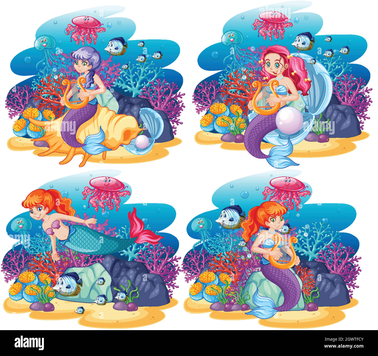 Set von niedlichen Meerjungfrau mit Tier Meer Thema Szene Cartoon-Stil Stock Vektor