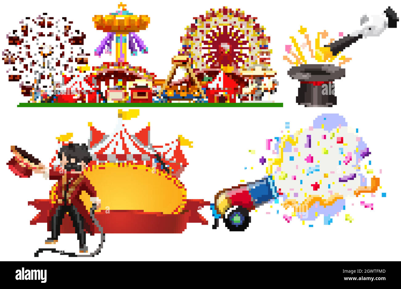 Zirkusschild und Parkszene auf weißem Hintergrund Stock Vektor