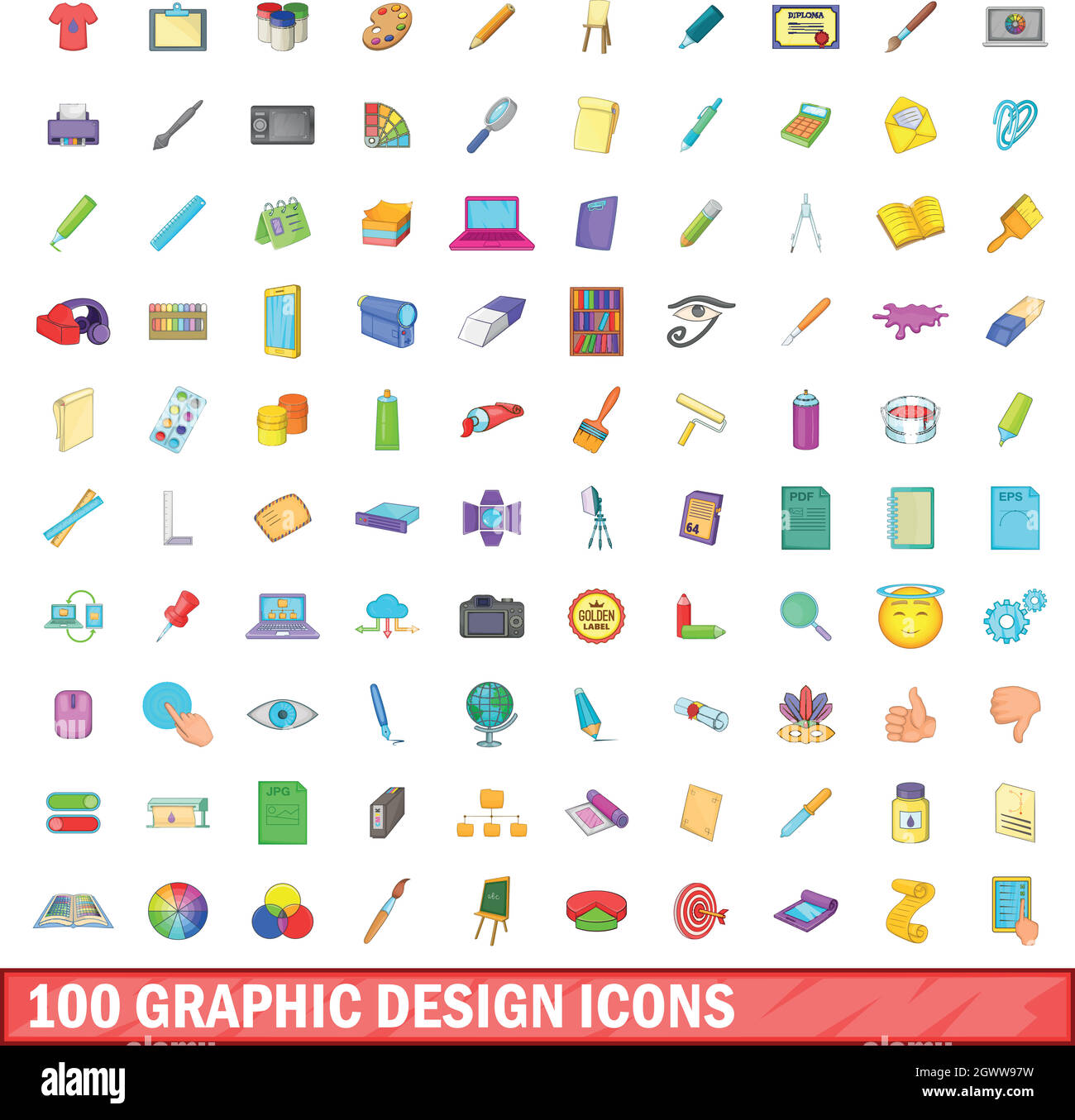 100 Graphic Design-Ikonen stellen, cartoon-Stil Stock Vektor