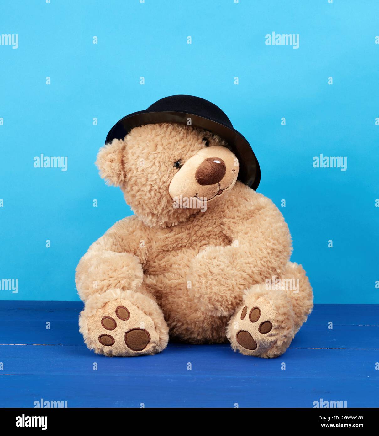 Großer Brauner Teddybär in Einem schwarzen Hut auf Einem blauen Hintergrund  Stockfotografie - Alamy