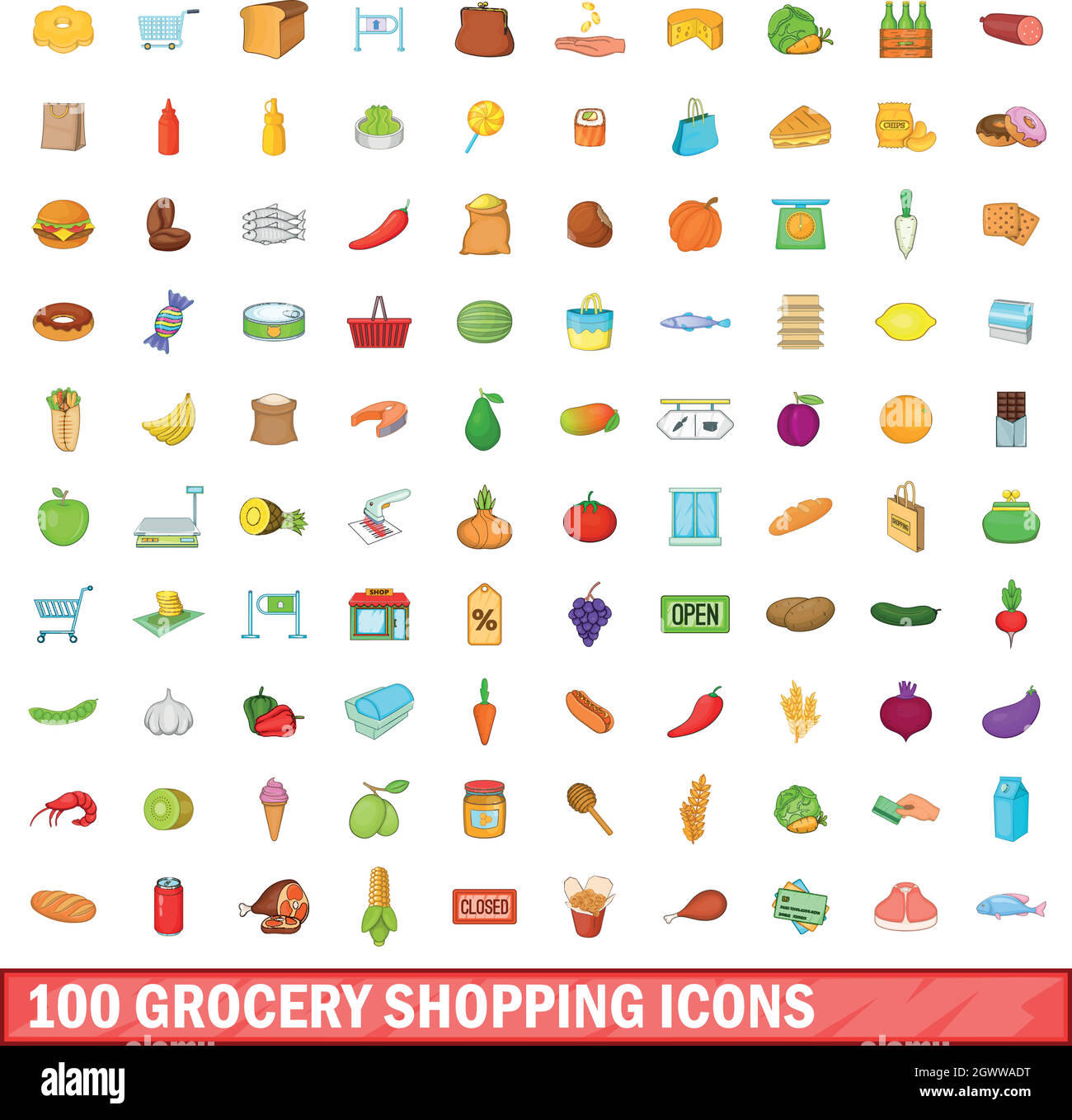 100 Einkaufen Symbole, Cartoon Stil Stock Vektor