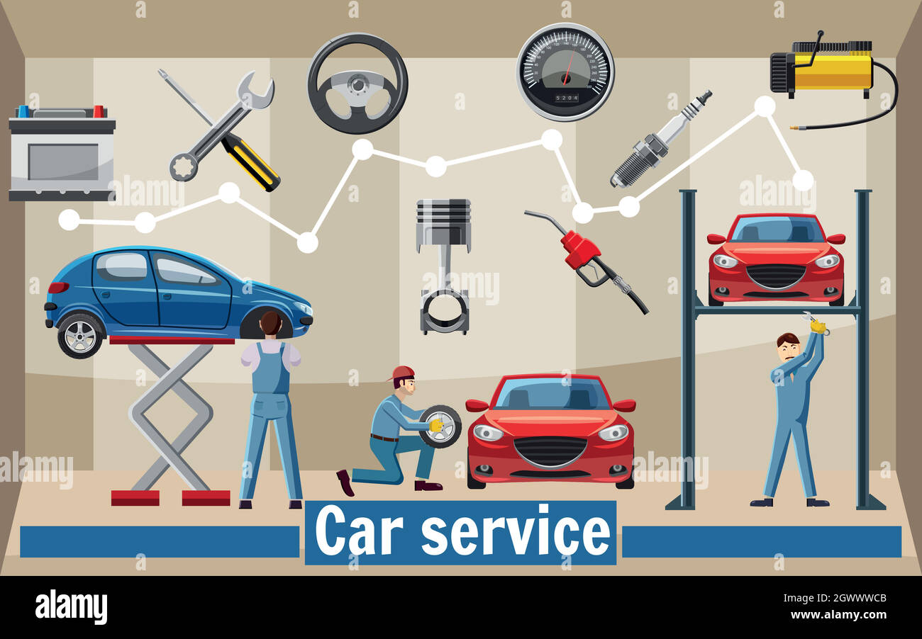 Auto Service Tools Konzept, Cartoon Stil Stock Vektor