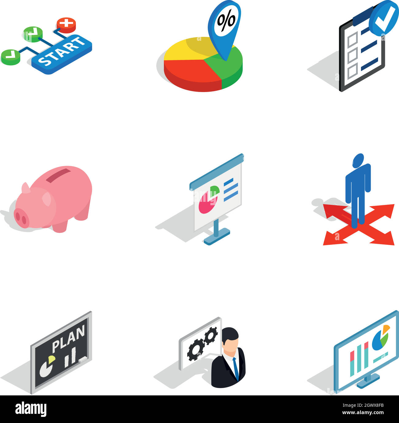 Business Analytics, Symbole, isometrische 3D-Stil Stock Vektor