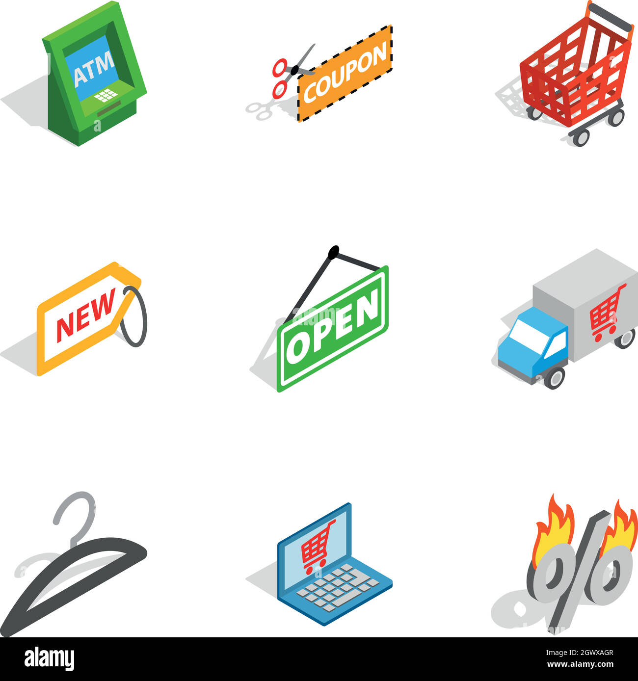 Online kaufen Symbole, isometrische 3D-Stil Stock Vektor