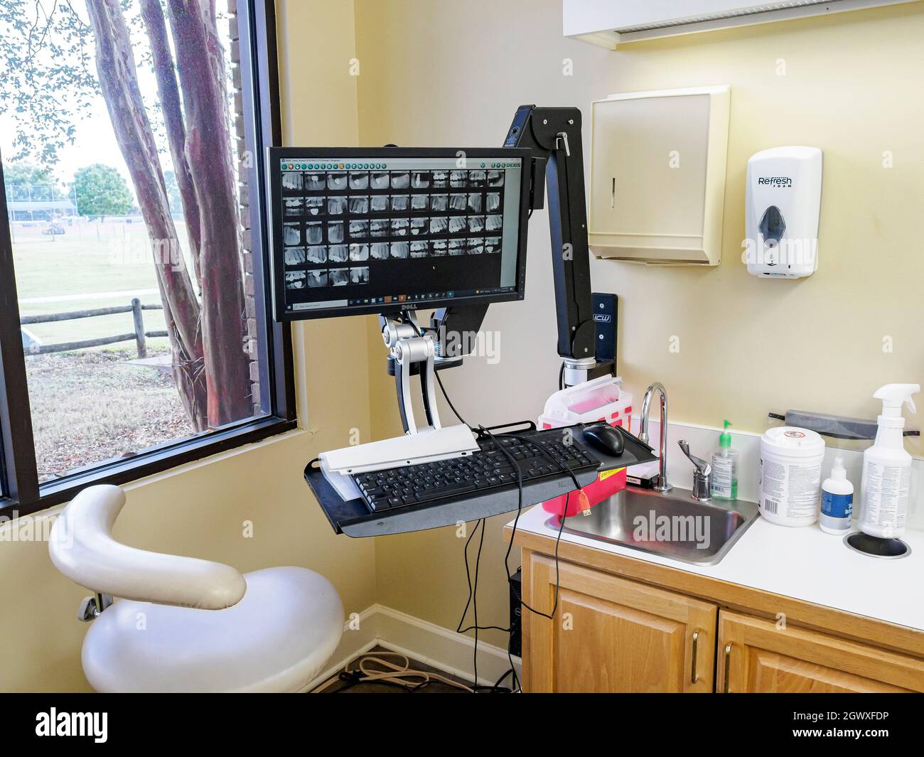 Digitale zahnärztliche Röntgenaufnahmen oder Röntgenaufnahmen von Patienten auf einem Computerbildschirm im zahnärztlichen oder zahnärztlichen Untersuchungsraum. Stockfoto