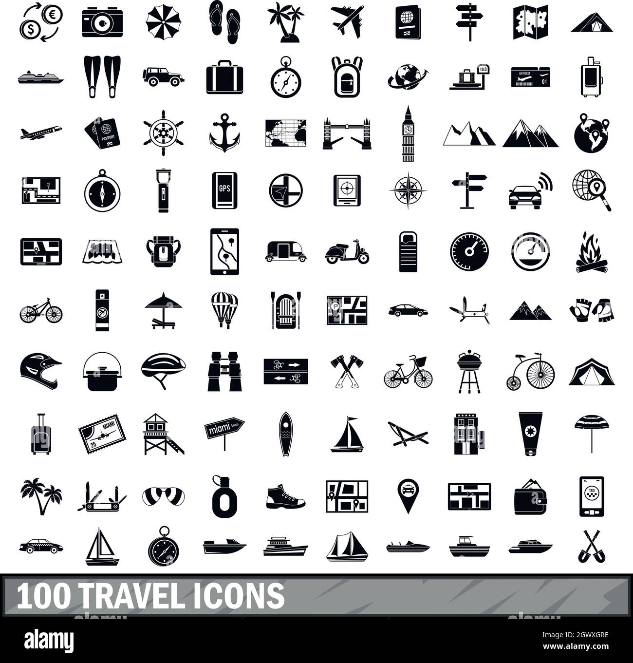 100 Reisen Symbole in einem einfachen Stil eingerichtet Stock Vektor