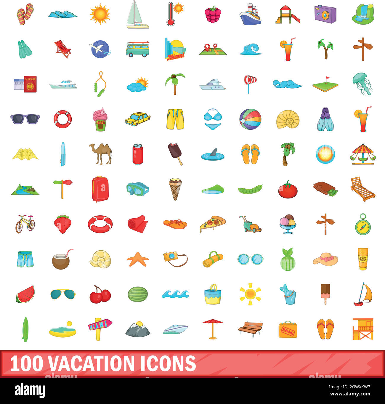 100 Urlaub Icons set, cartoon-Stil Stock Vektor