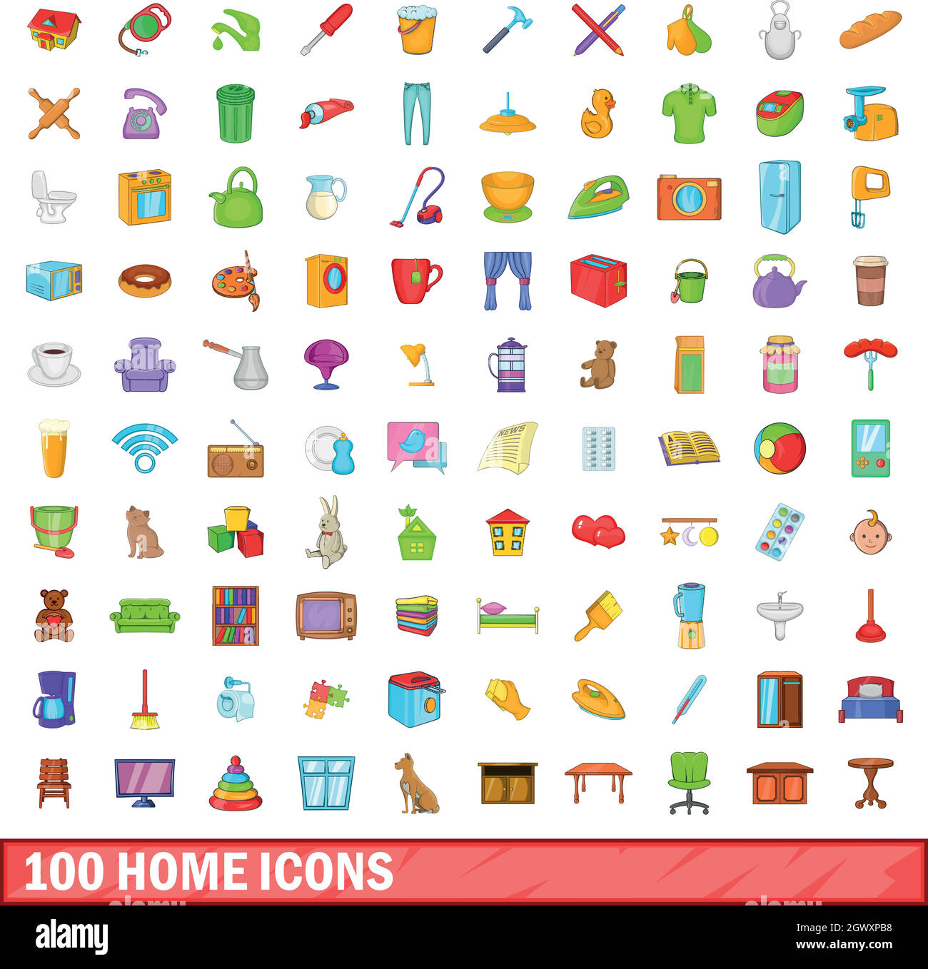 100 nach Hause Icons Set, Cartoon-Stil Stock Vektor
