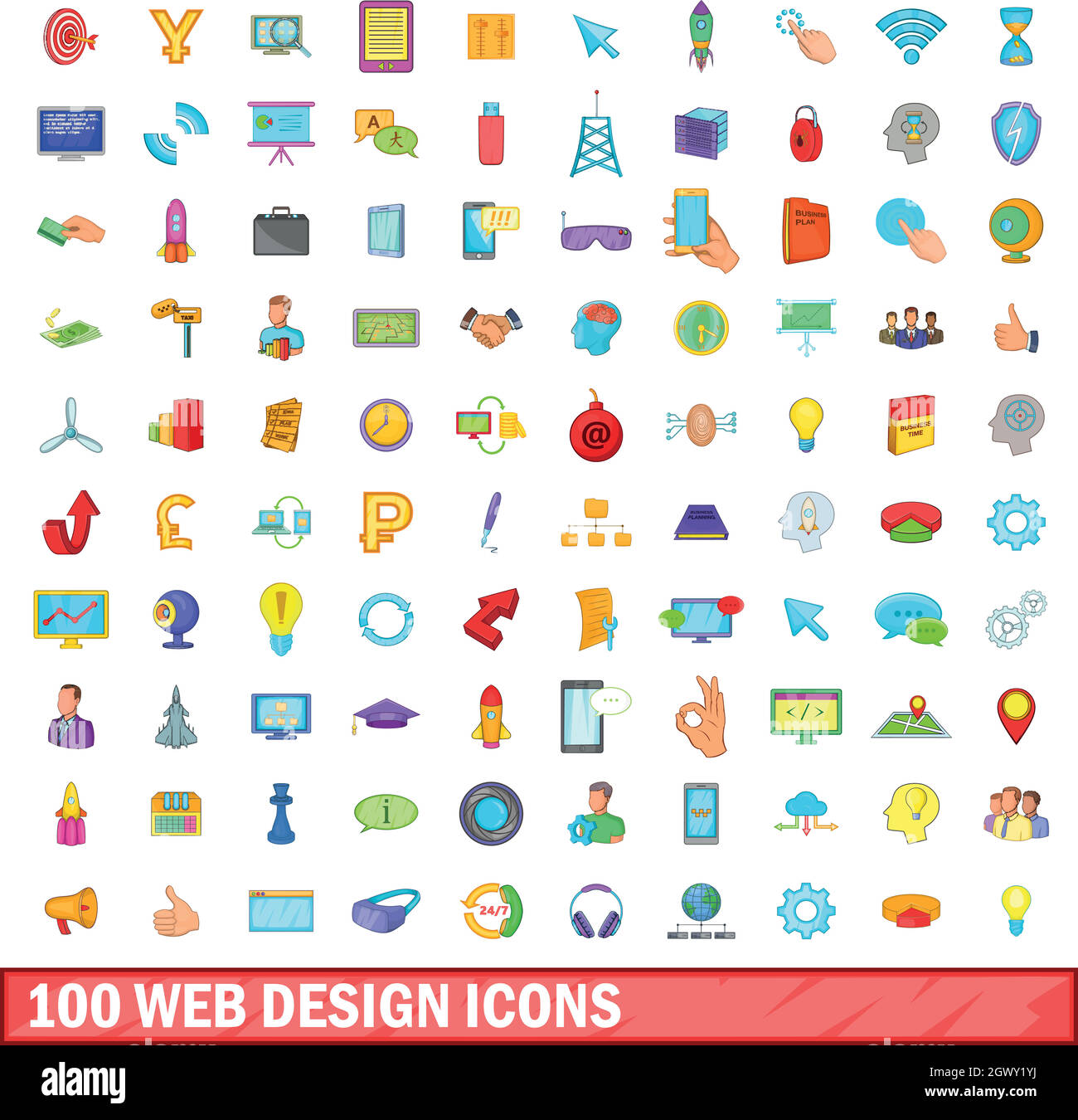 100 Web-Design-Ikonen stellen, cartoon-Stil Stock Vektor