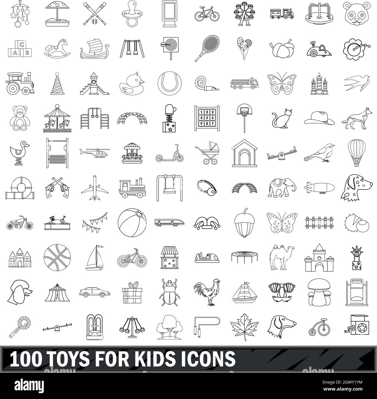 100 Spielwaren für Kinder Icons Set, Umriss-Stil Stock Vektor