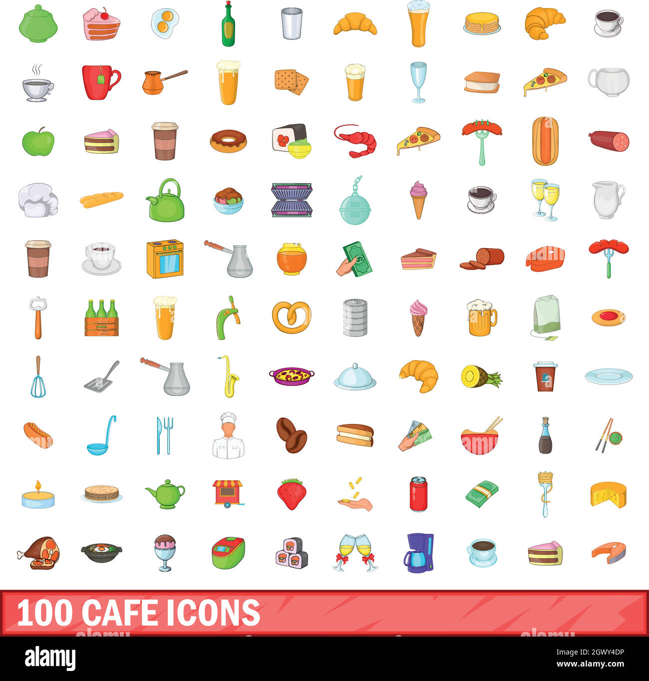 100 Café Icons set, cartoon-Stil Stock Vektor