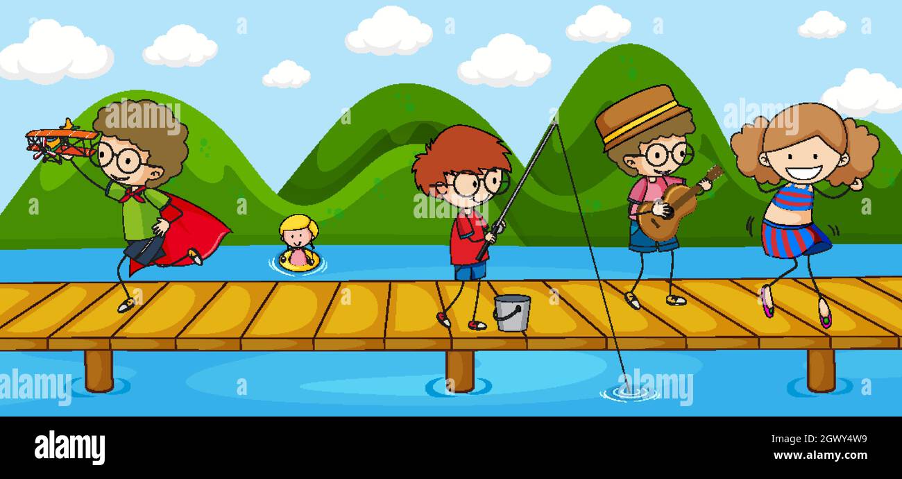 Szene mit vielen kritzeln Kinder Zeichentrickfigur auf der Brücke über den Fluss Illustration Stock Vektor