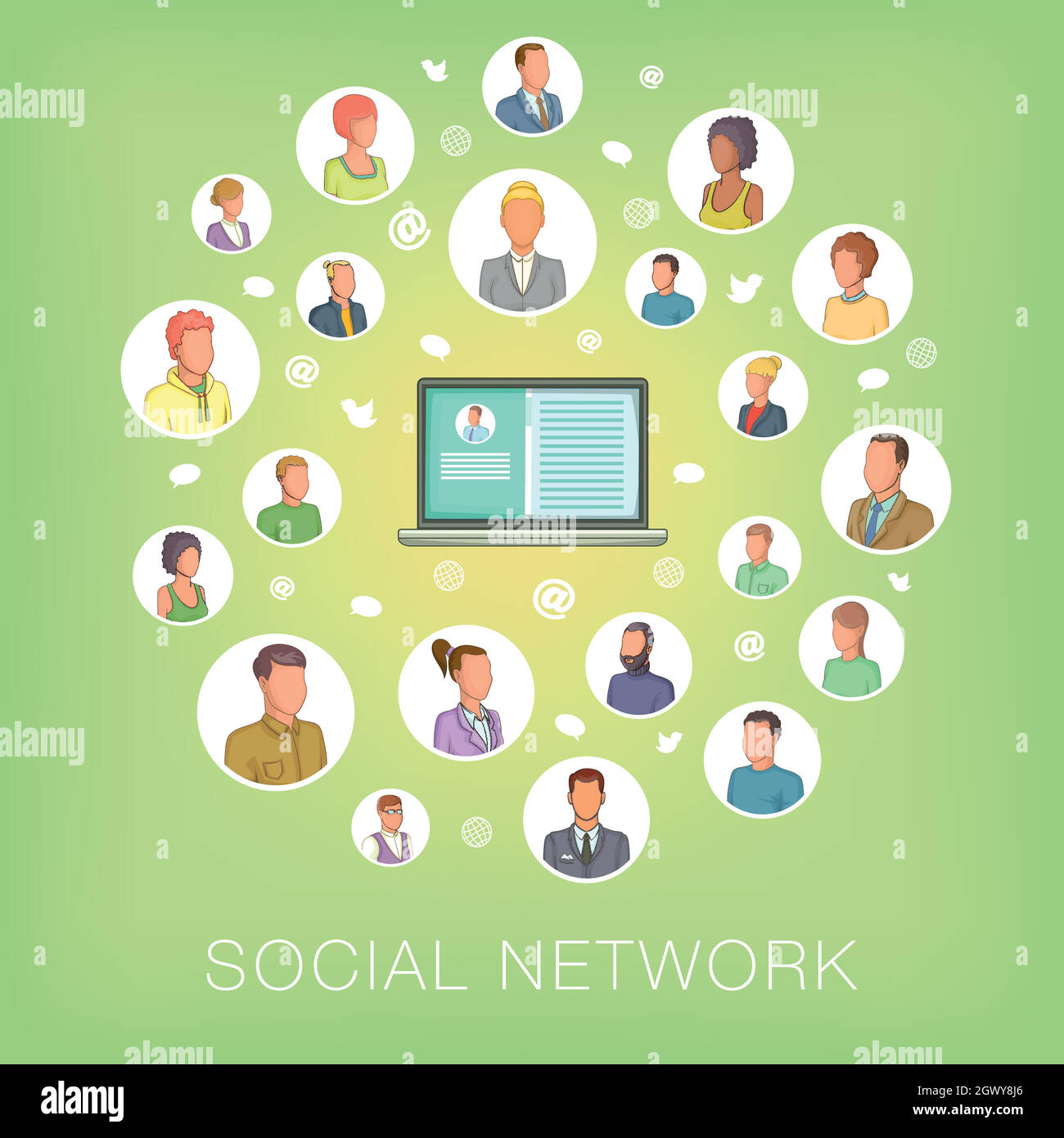 Soziales Netzwerk Konzept Notebook, Cartoon Stil Stock Vektor