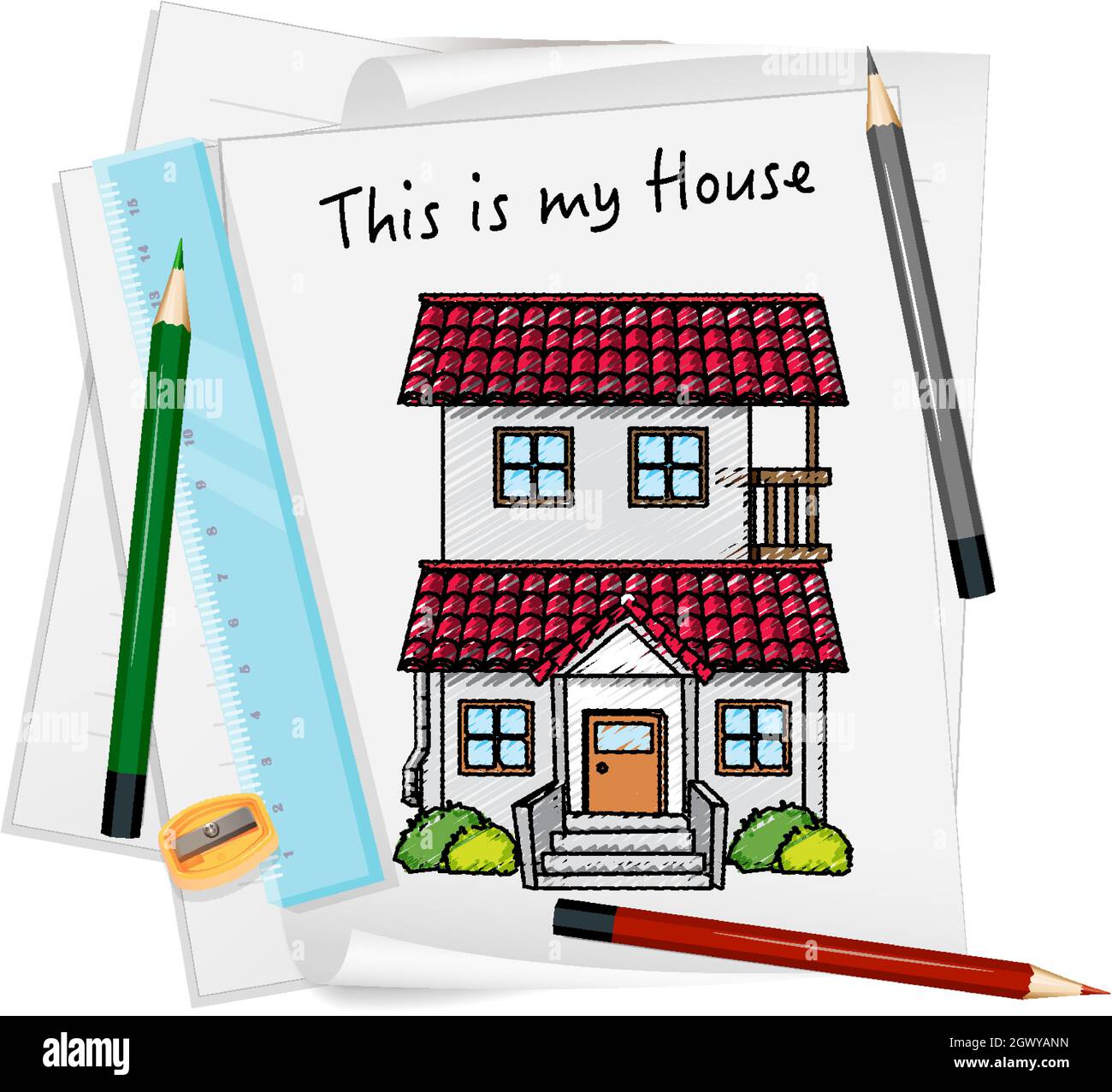 Skizze kleines Haus auf Papier isoliert Illustration Stock-Vektorgrafik -  Alamy