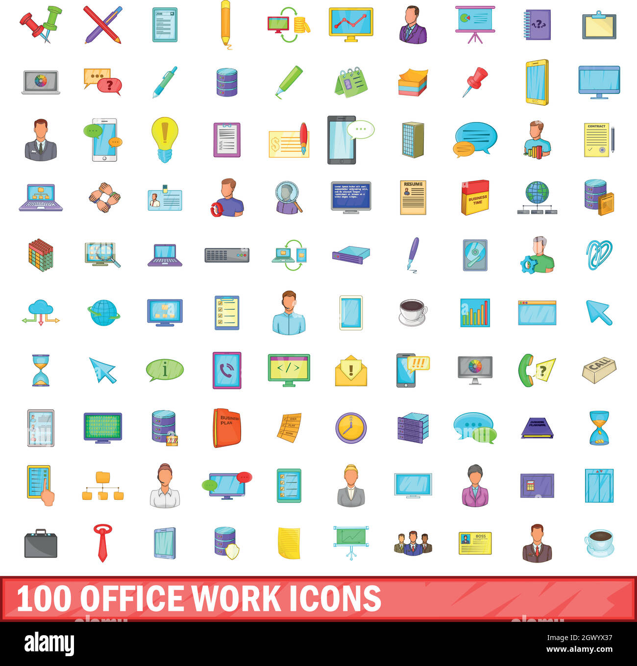 100 Office-Arbeit-Symbole gesetzt, cartoon-Stil Stock Vektor
