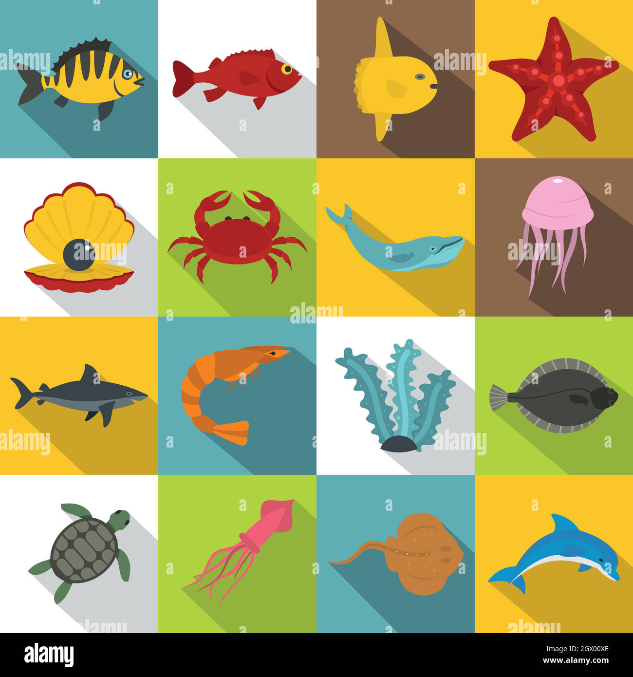 Meer Tiere Symbole, flacher Stil Stock Vektor