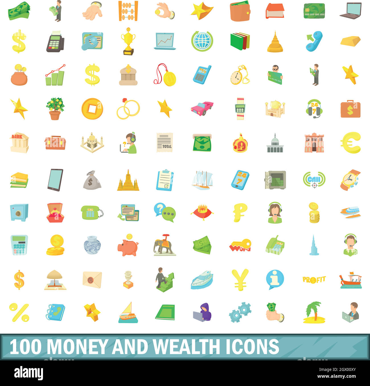 100 Geld und Reichtum Icons set, cartoon-Stil Stock Vektor