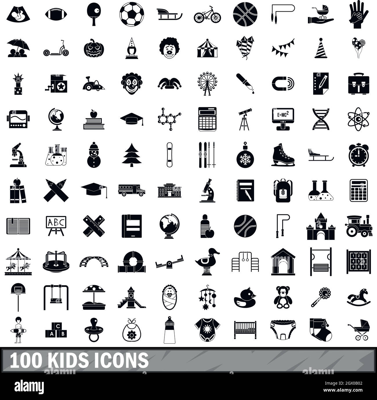 100 Kinder Symbole in einem einfachen Stil eingerichtet Stock Vektor