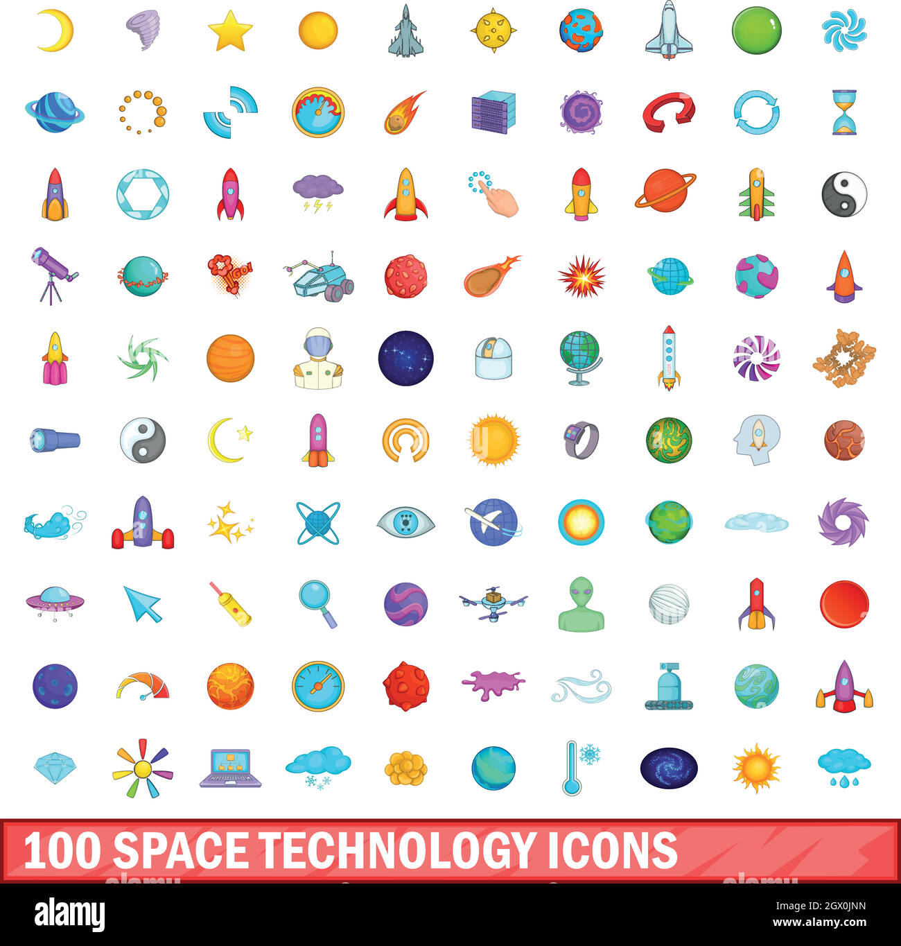 100 Space Technology Symbole, Cartoon Stil Stock Vektor