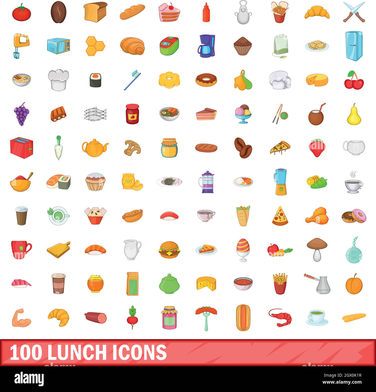 100 Mittagessen Icons set, cartoon-Stil Stock Vektor