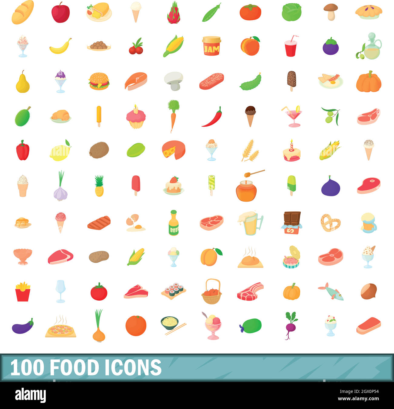 100 Lebensmittel Icons set, cartoon-Stil Stock Vektor