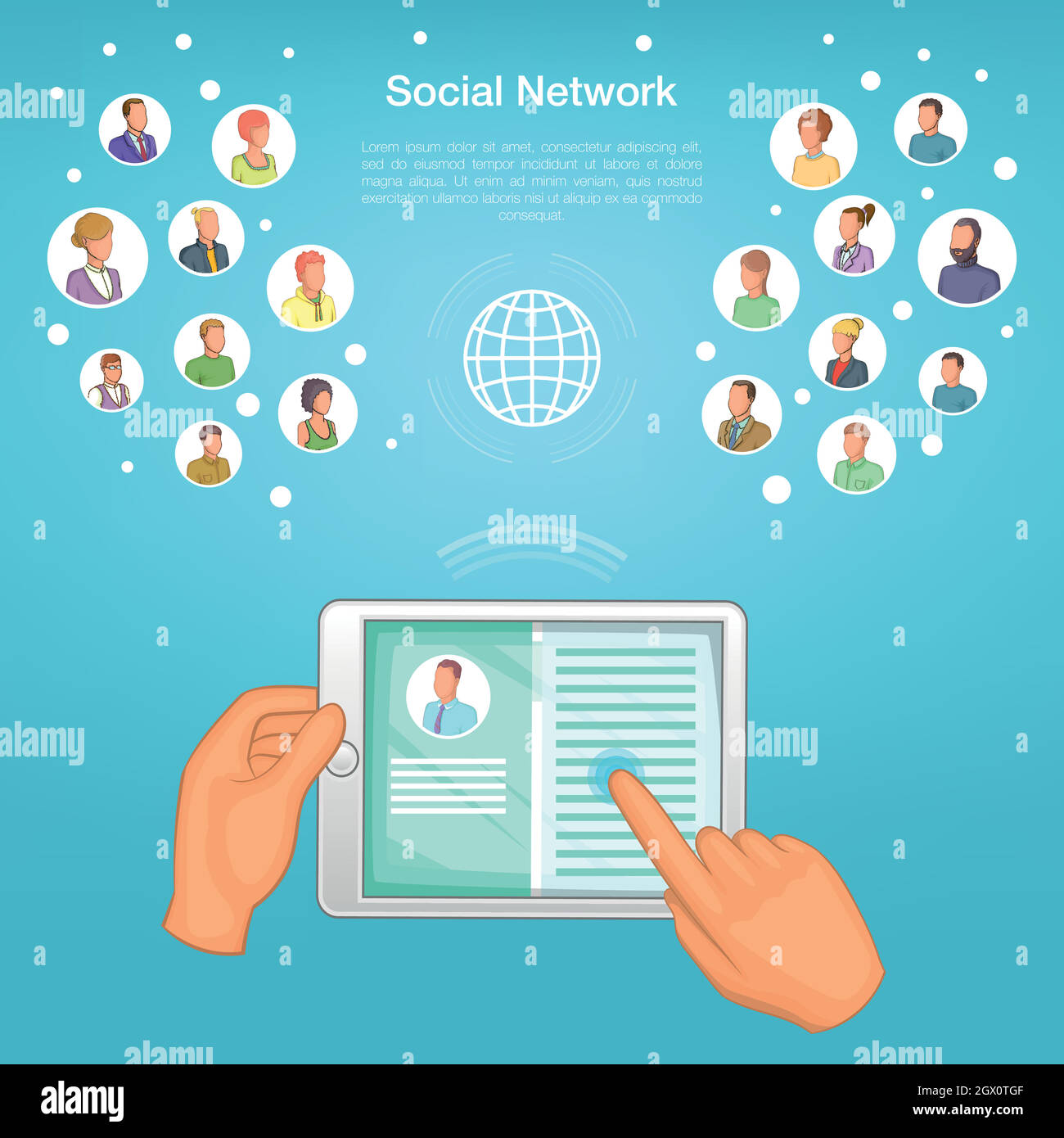 Soziales Netzwerk Konzept tablet, Cartoon Stil Stock Vektor
