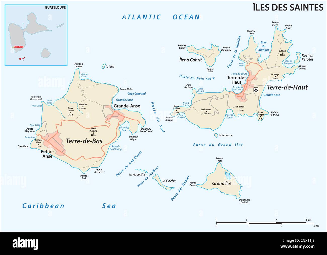 Straßenkarte der Inseln Les Saintes, Teil von Guadeloupe Stock Vektor