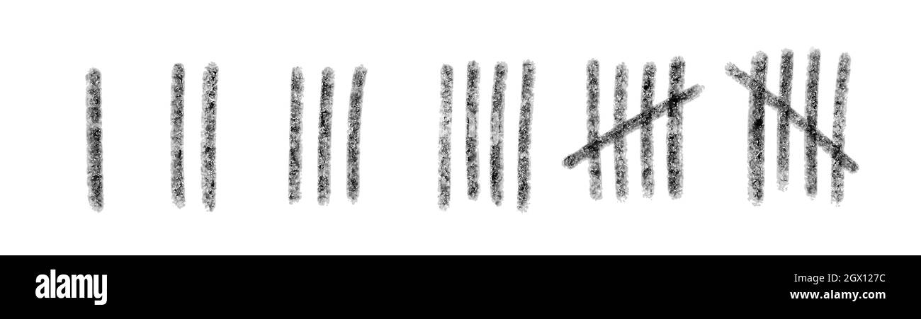 Markieren Sie die Zahlenreihen an der Wand. Handgezeichnete Stöcke zum Zählen der Zeit im Gefängnis. Vektorgrafik Design-Set. Stock Vektor