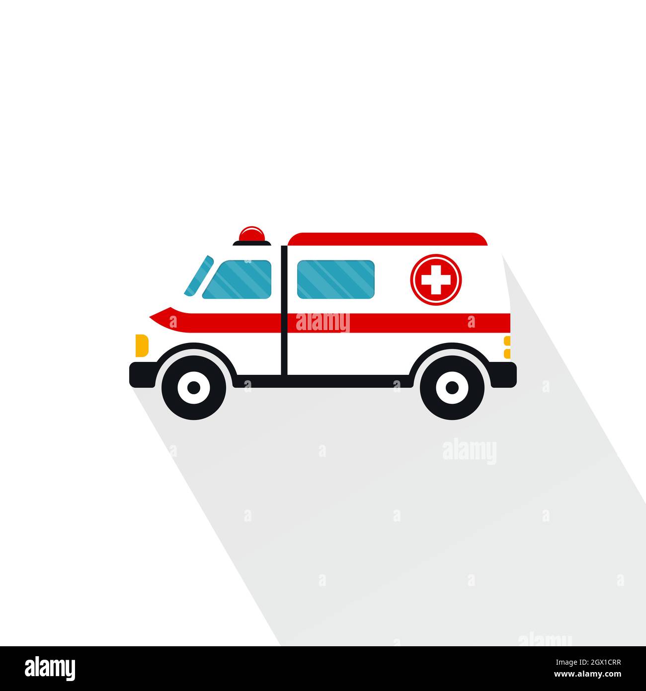 Krankenwagen Cartoon-Symbol mit langen Schatten. Vektor-Design für medizinische Notfallfahrzeuge. Stock Vektor