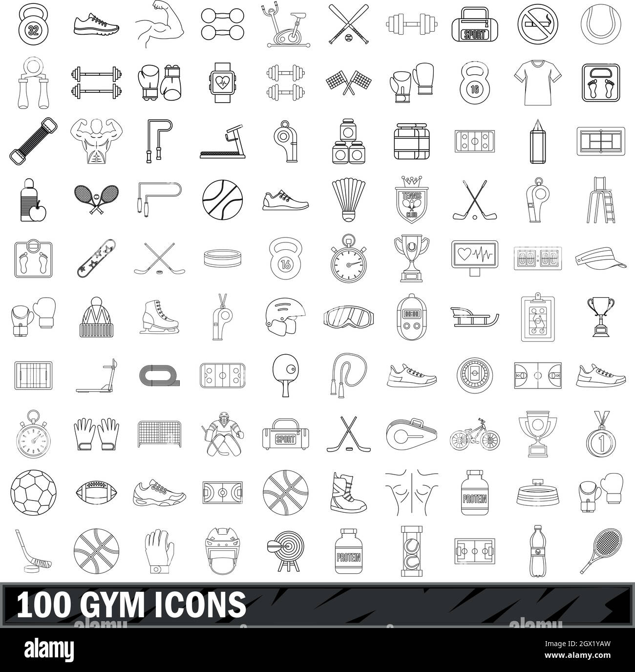 100 Turnhalle Icons Set, Umriss-Stil Stock Vektor