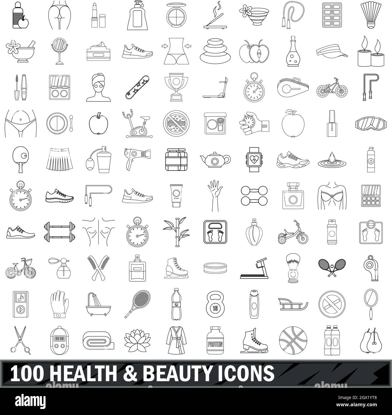 100 Gesundheit und Schönheit Symbole gesetzt, outline Style Stock Vektor