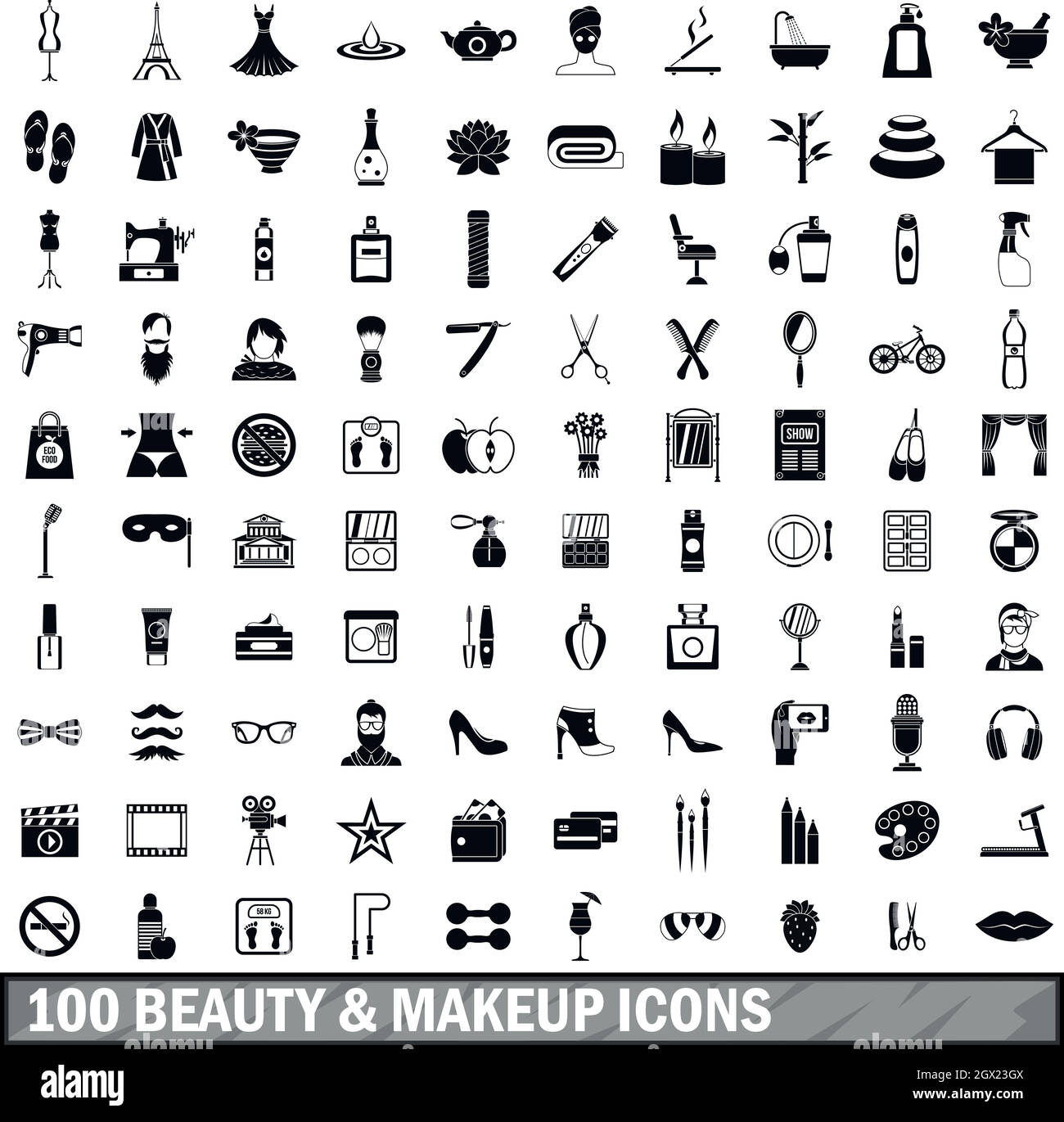 100 Beauty und Make-up-Symbole in einem einfachen Stil eingerichtet Stock Vektor