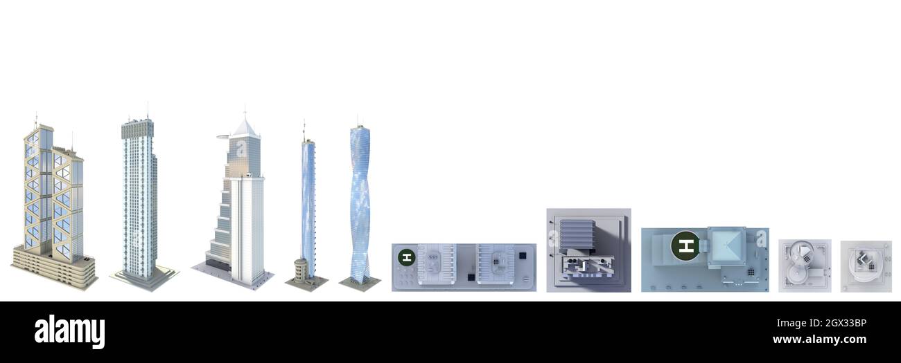 10 Vogelperspektive hoch detaillierte Renderings von fiktionalen Design Corporate Wolkenkratzern mit blauen Himmel Reflexionen - isoliert, 3d-Illustration von Architektur Stockfoto