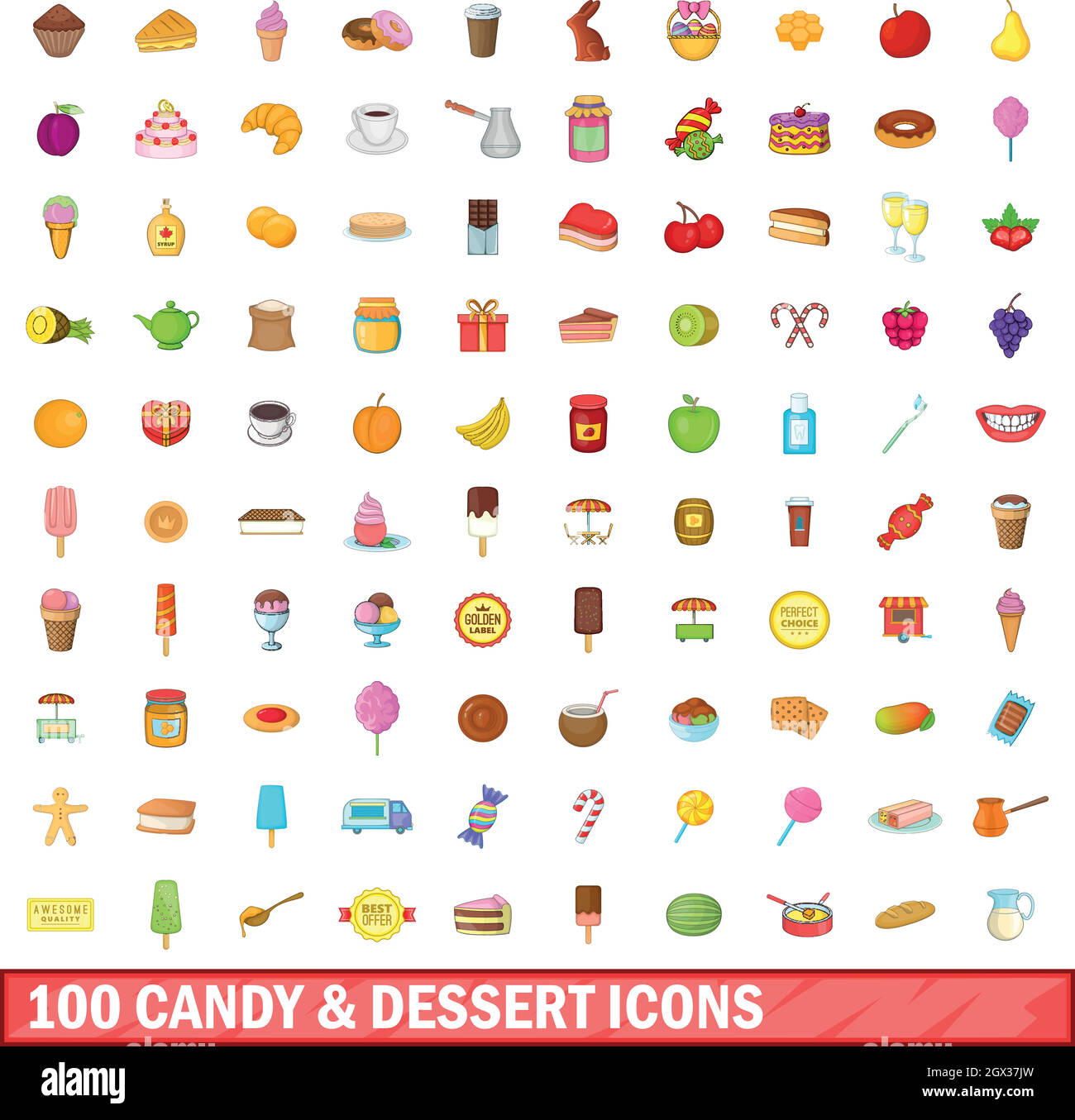 100 Candy und dessert Symbole, Cartoon Stil Stock Vektor