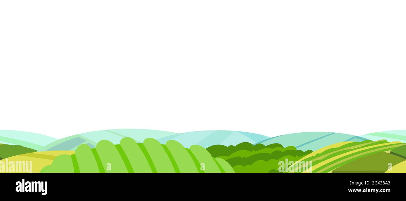 Ländliche Landschaft mit Garten Bauern Hügel. Niedliche lustige Cartoon-Design. Horizontale, nahtlose Hintergrunddarstellung. Bäume und Sträucher. Flacher Style Stock Vektor