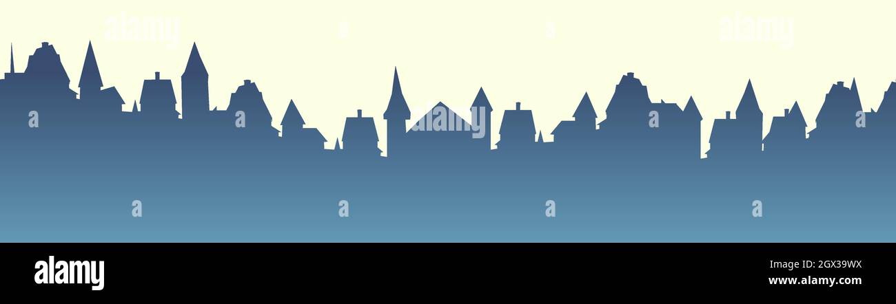 Kleine Stadt Straßen Silhouette. Dächer von Häusern. Landschaft auf dem Land. Flacher Cartoon-Stil. Nahtlose Illustration. Vektorgrafiken Stock Vektor