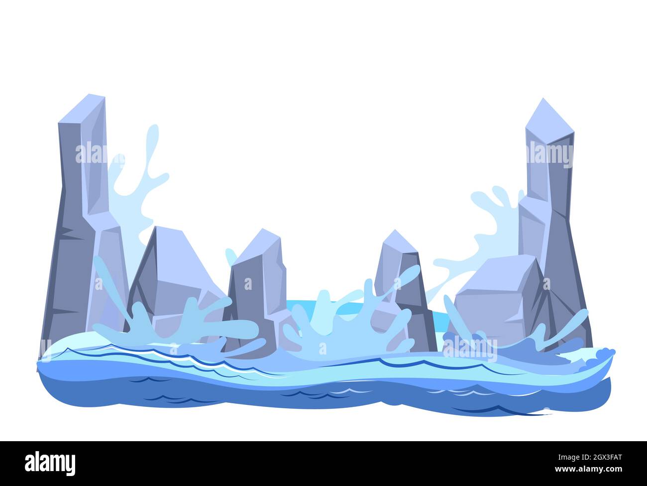 Felsen im Meer. Klippen im Meerwasser. Wellen krachen und sprühen mit Schaum. Illustration einer Seestücke im flachen Stil. Isoliert auf weißem Hintergrund Stock Vektor