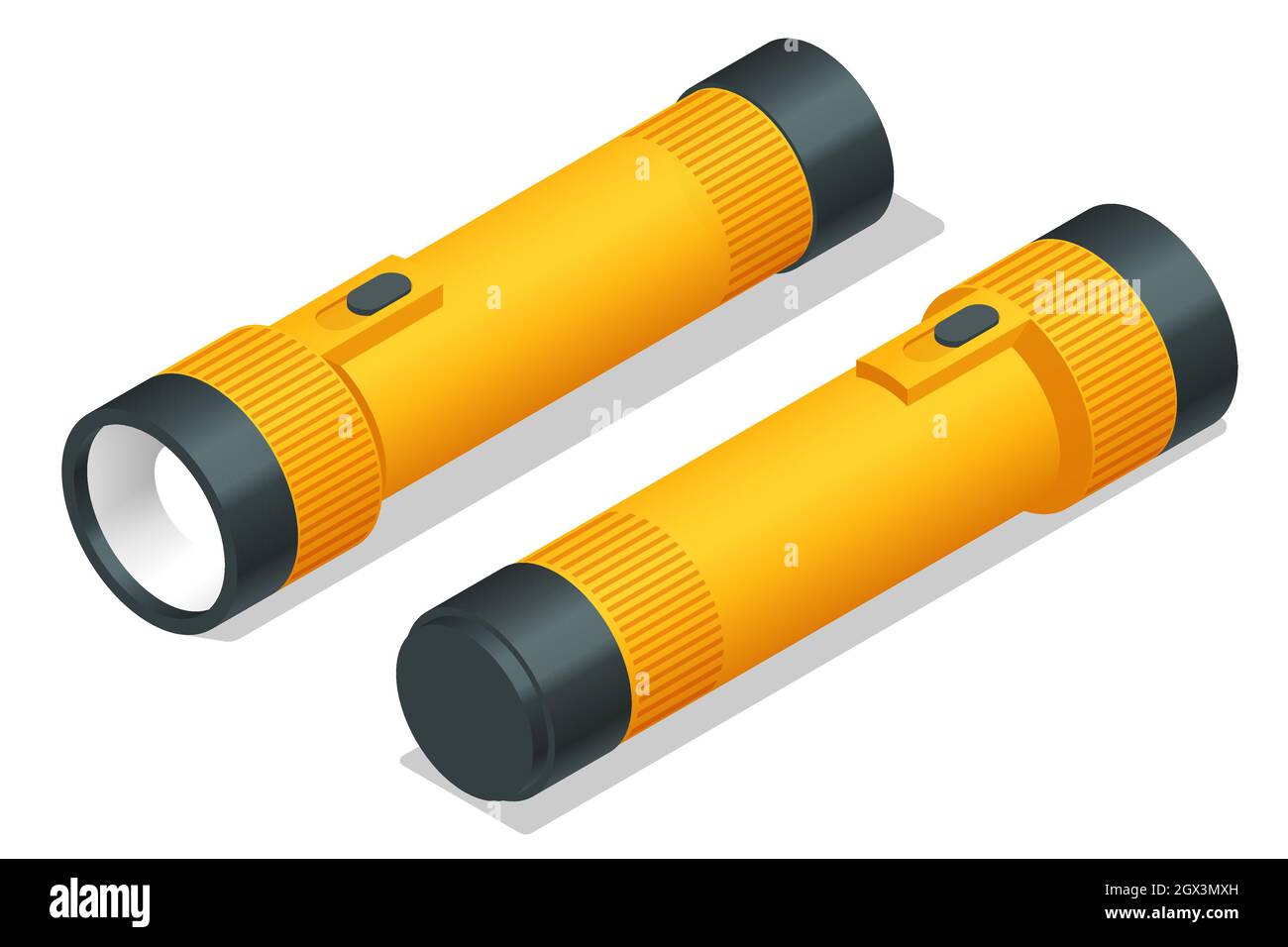 Isometrische gelbe Kunststoff Taschenlampe isoliert auf weißem Hintergrund. Lichtquelle für den individuellen Gebrauch. Stock Vektor