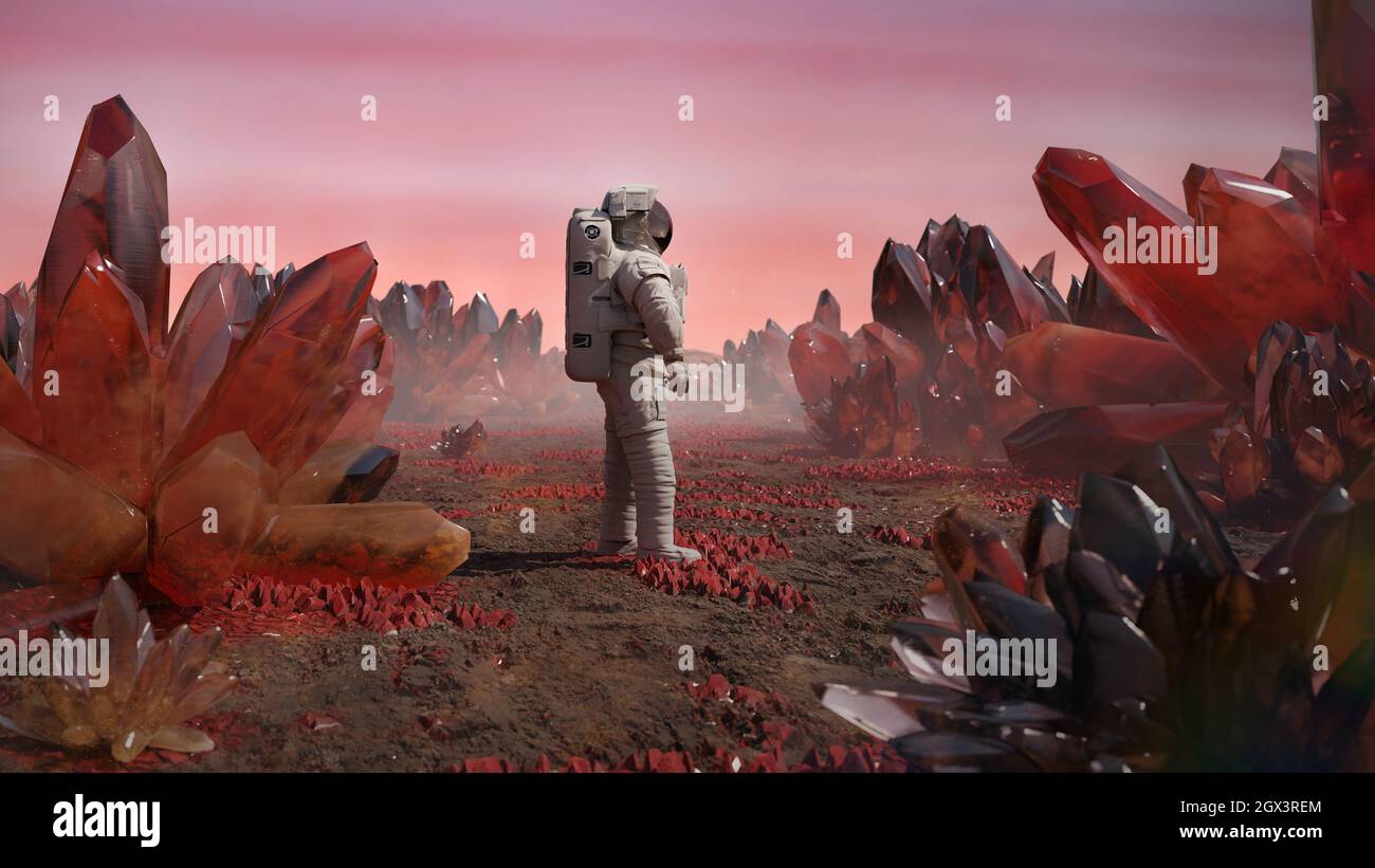 astronaut auf einem fremden Planeten, Exoplanetenlandschaft mit riesigen Kristallen Stockfoto