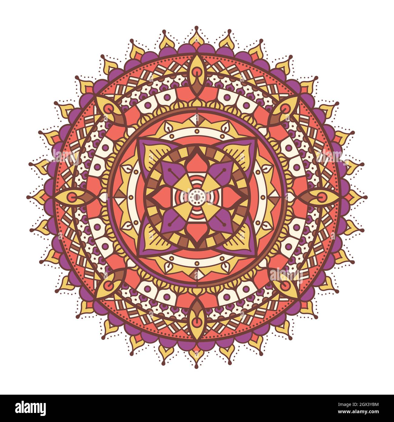 Farbenprächtiges, ornamentales Mandala auf weißem Hintergrund, orientalische Kunst, Blumenmuster und dekoratives Element Stock Vektor