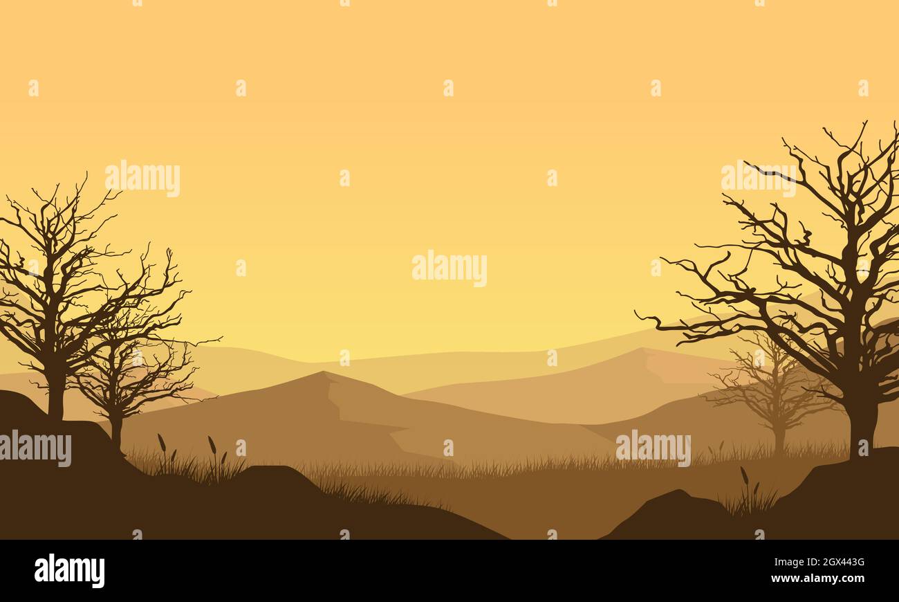Eine fantastische Aussicht auf die Berge mit trockenen Baumsilhouetten aus dem Dorf bei Sonnenuntergang am Nachmittag. Vektordarstellung einer Stadt Stock Vektor