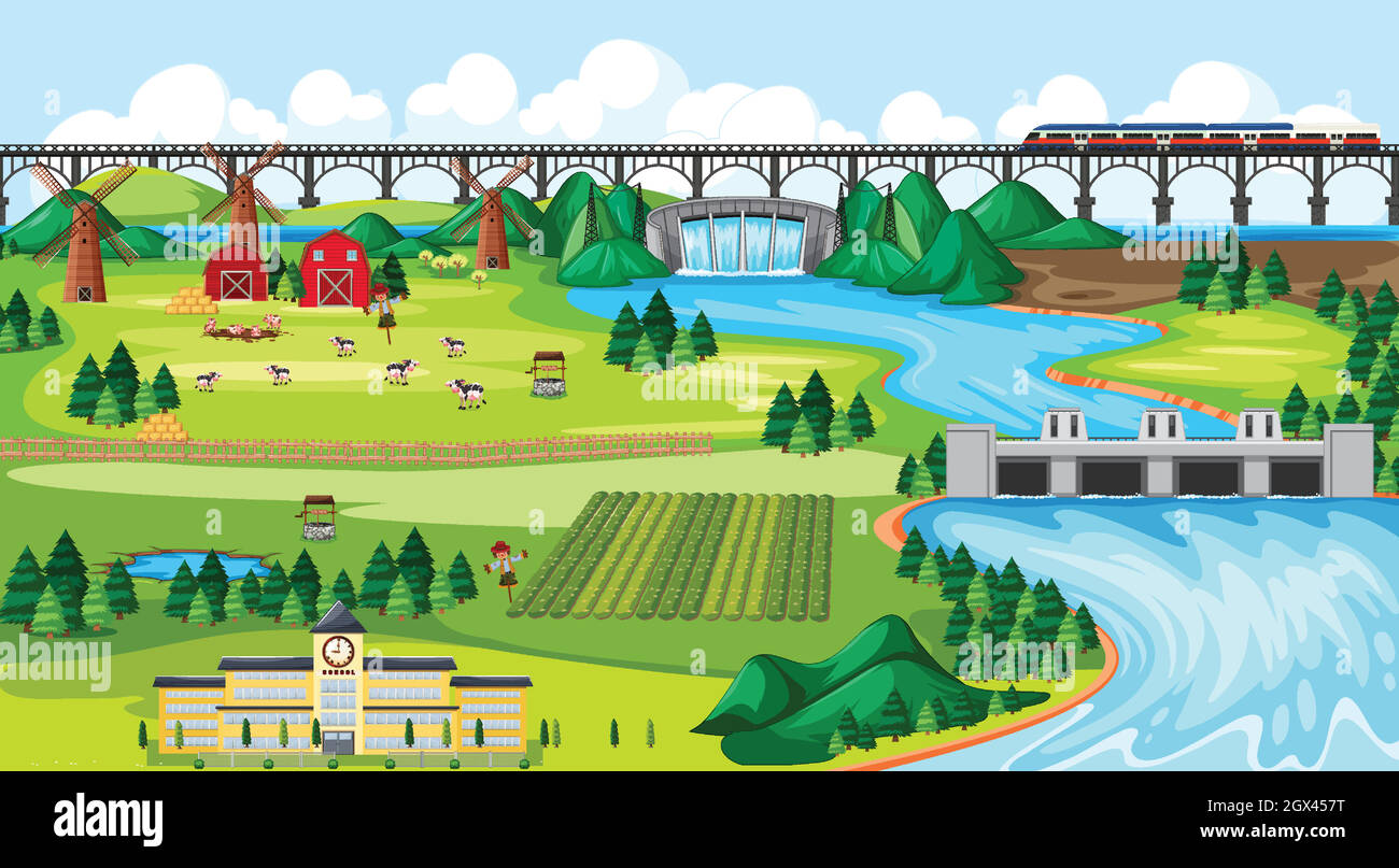 Farm Field Stadt und Schule und Brücke Sky Train mit Damm Seite Landschaft Szene Cartoon-Stil Stock Vektor