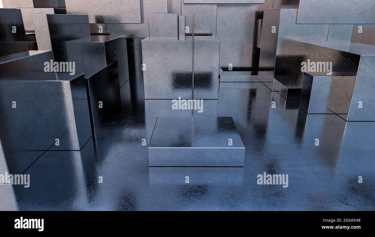 Abstrakter leerer Hintergrund von Silbermetallwürfeln Stockfoto