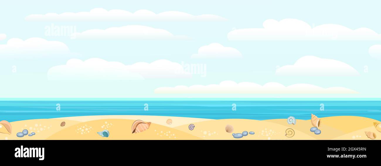 Frontalansicht der Küste. Gelber Sandstrand. Weicher Himmel mit leichten Wolken. Entfernter Horizont. Muscheln und Schneckenschalen. Nahaufnahme. Nahtlos Stock Vektor